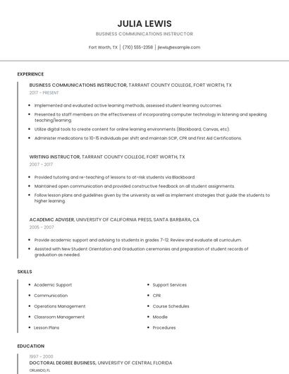 Business Communications Instructor Resume
