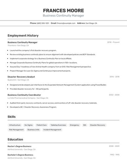 Business Continuity Manager Resume