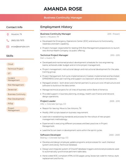 Business Continuity Manager Resume