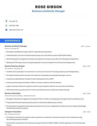 Business Continuity Manager Resume