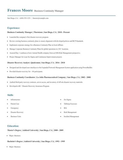 Business Continuity Manager Resume