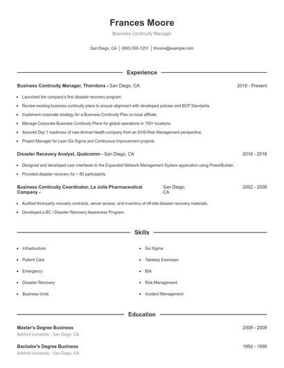 Business Continuity Manager Resume