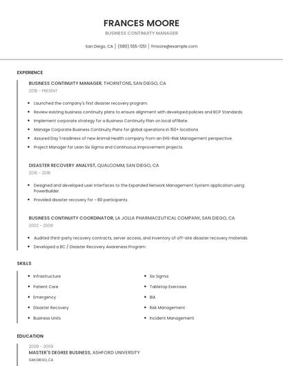 Business Continuity Manager Resume