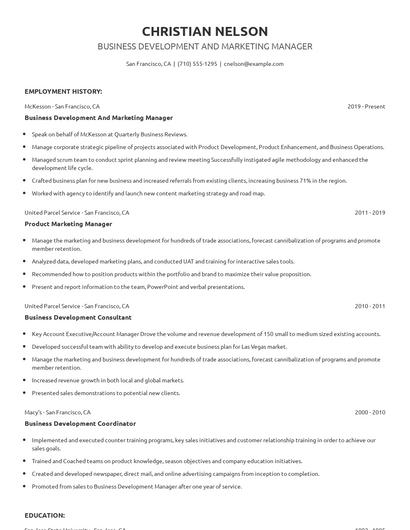 Business Development And Marketing Manager Resume