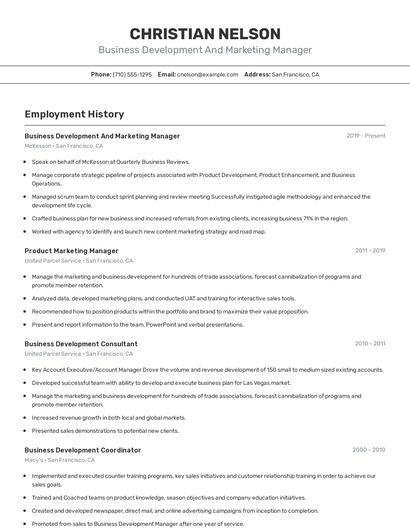 Business Development And Marketing Manager Resume