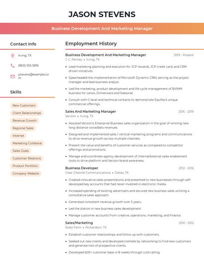 Business Development And Marketing Manager Resume