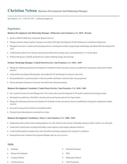 Business Development And Marketing Manager Resume