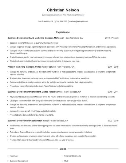 Business Development And Marketing Manager Resume