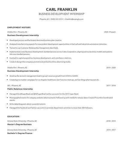 Business Development Internship Resume