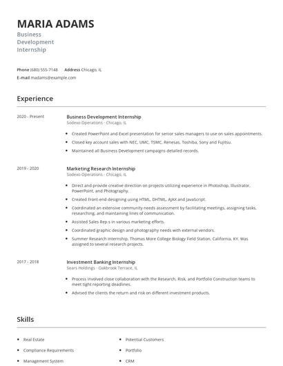 Business Development Internship Resume