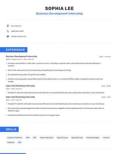 Business Development Internship Resume