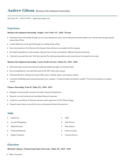 Business Development Internship Resume