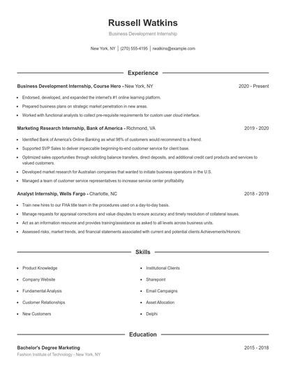 Business Development Internship Resume