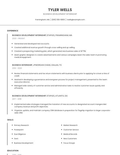 Business Development Internship Resume