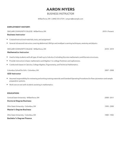 Business Instructor Resume
