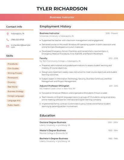 Business Instructor Resume