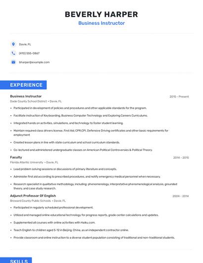 Business Instructor Resume