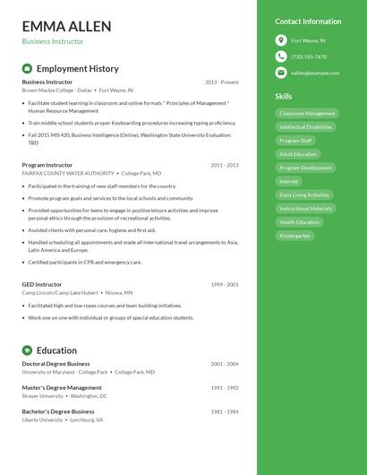 Business Instructor Resume