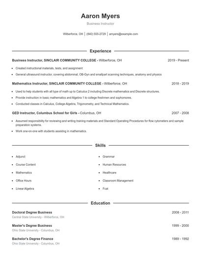 Business Instructor Resume