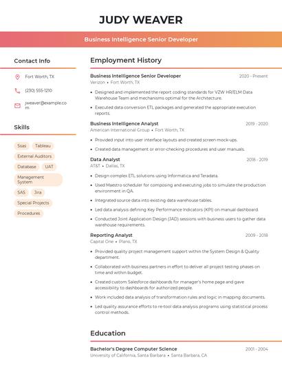 Business Intelligence Senior Developer Resume