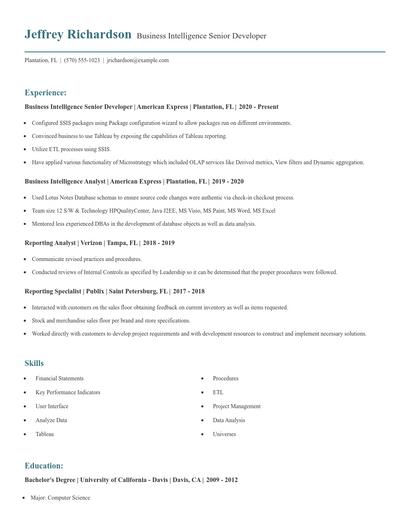 Business Intelligence Senior Developer Resume