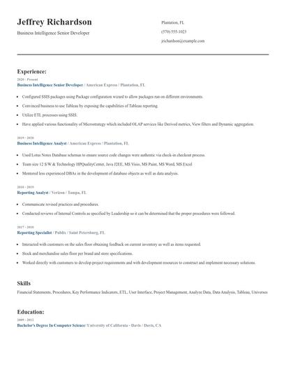 Business Intelligence Senior Developer Resume