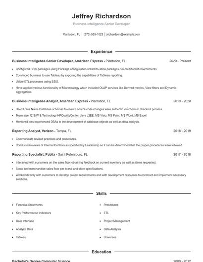 Business Intelligence Senior Developer Resume