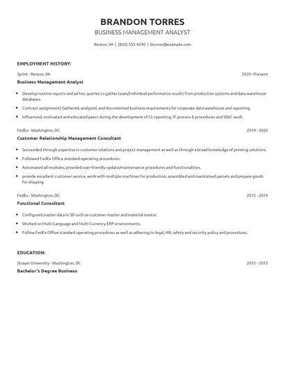 Business Management Analyst Resume