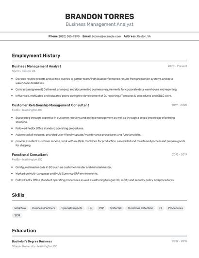Business Management Analyst Resume
