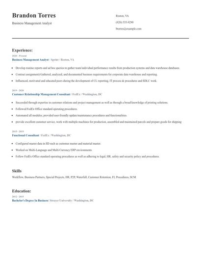 Business Management Analyst Resume