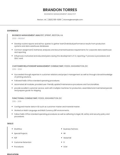 Business Management Analyst Resume