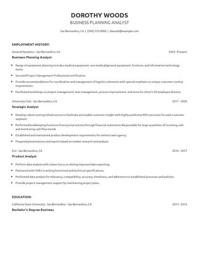 Business Planning Analyst Resume