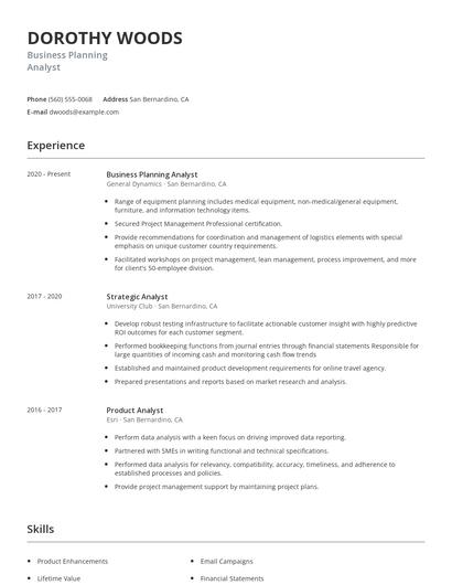 Business Planning Analyst Resume