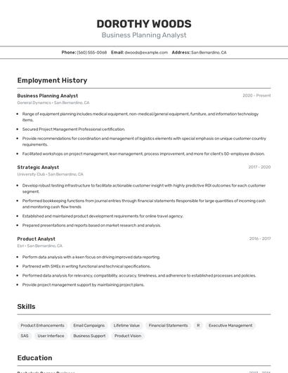 Business Planning Analyst Resume