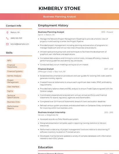 Business Planning Analyst Resume