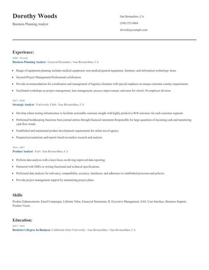 Business Planning Analyst Resume