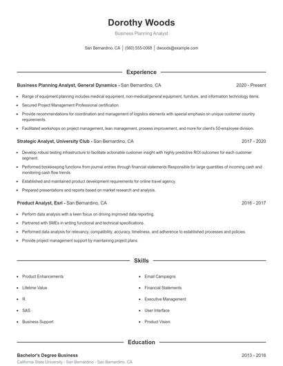 Business Planning Analyst Resume