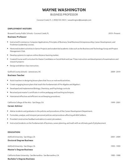 Business Professor Resume