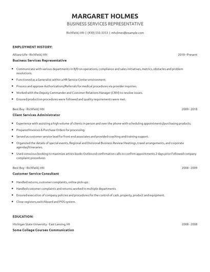 Business Services Representative Resume