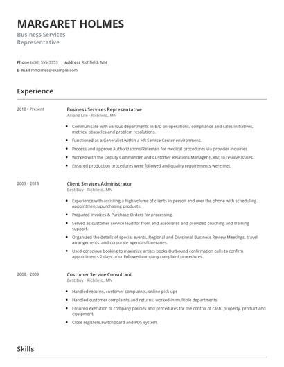 Business Services Representative Resume