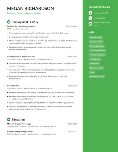 Business Services Representative Resume