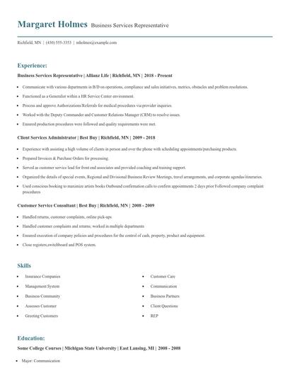 Business Services Representative Resume