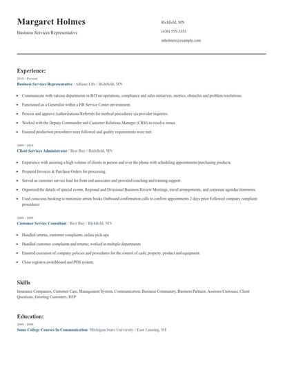 Business Services Representative Resume