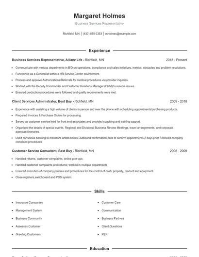 Business Services Representative Resume