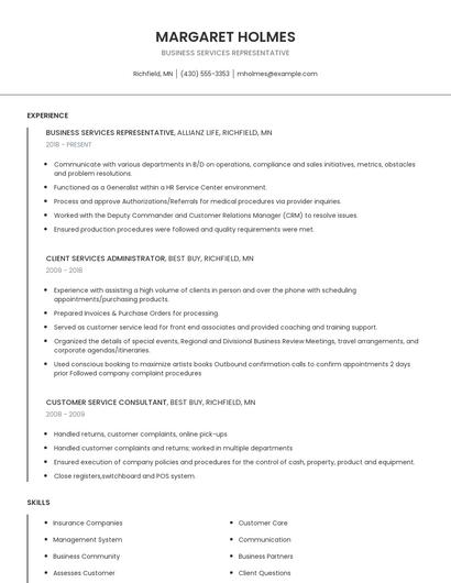 Business Services Representative Resume