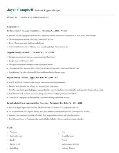Business Support Manager Resume