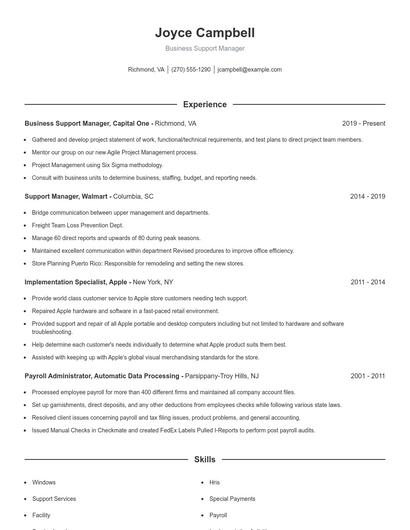 Business Support Manager Resume