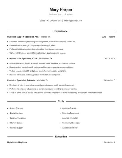Business Support Specialist Resume