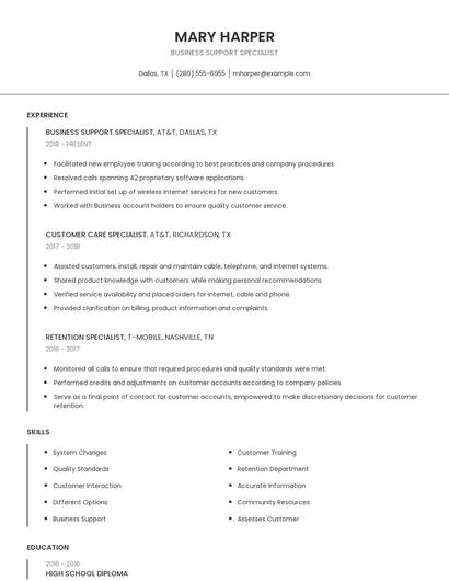 Business Support Specialist Resume