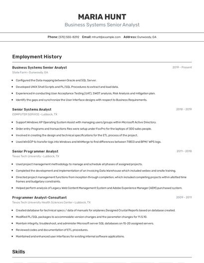 Business Systems Senior Analyst Resume